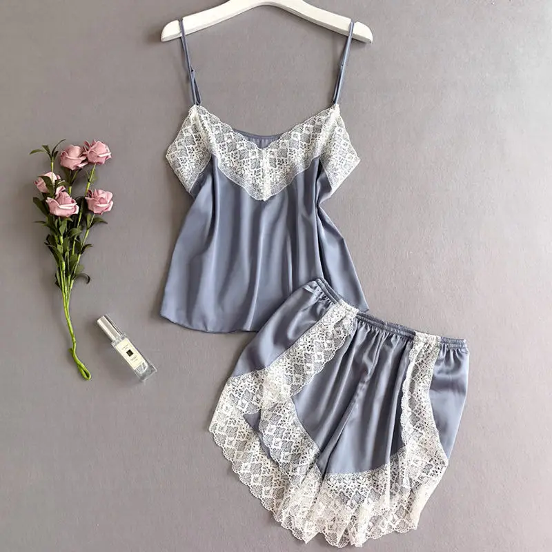 Пижама женская шелковая атласная пижама сексуальный кружевной Пижамный костюм