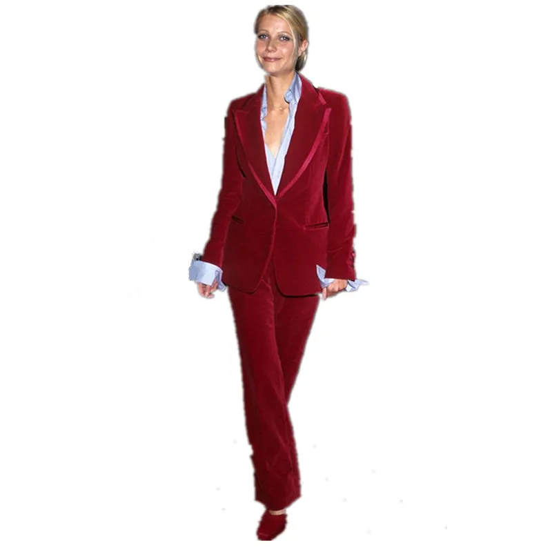 

Wine Red Women Business Suits Velvet Formal Work Wear 2 Piece Sets Blazers Office Uniform Styles Ladies Elegant Pantsuit Custom