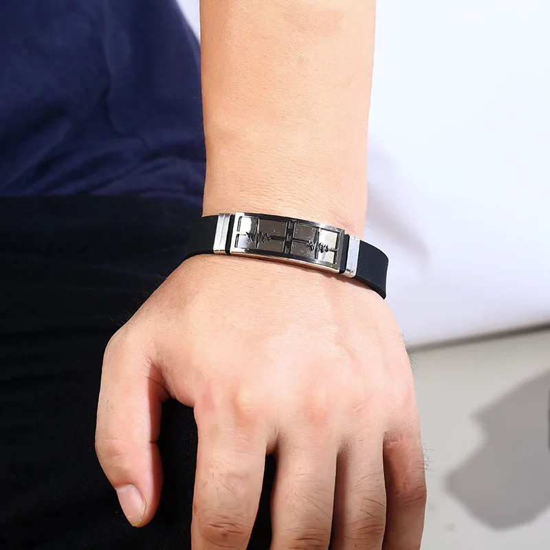 

New fashion ECG stainless steel silicone bracelet men's domineering titanium steel Silicone Wristband Bracelet wholesale