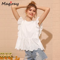 magriay lace o neck ruffle sleeveless tank top summer white blouse women high waist korean elegant peplum kawaii holiday shirt