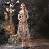 2021 new v neck a line evening dresses short sleeves embroidery lace tea length prom party gown robes de soir%c3%a9e