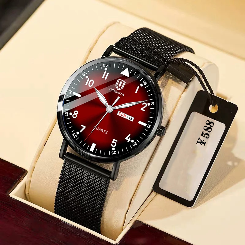 

QINGXIYA Brand Ultra Thin Quartz Watch Men Fashion Black Stainless Steel Mesh Strap Mens Watch Luminous Hands Waterproof