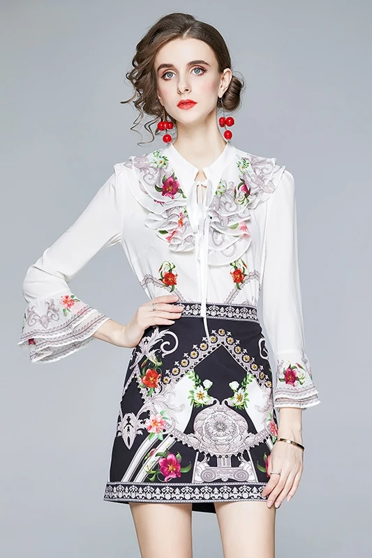 

Spring 2021 new women's new style palace style ruffled collar flared sleeve shirt printing half skirt suit