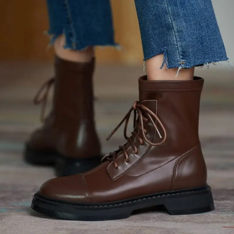 

Taoffen Real Leather Women Ankle Boots Cross Strap Round Toe Flats Shoes Winter Warm Boots Women Daily Footwear Size 34-43