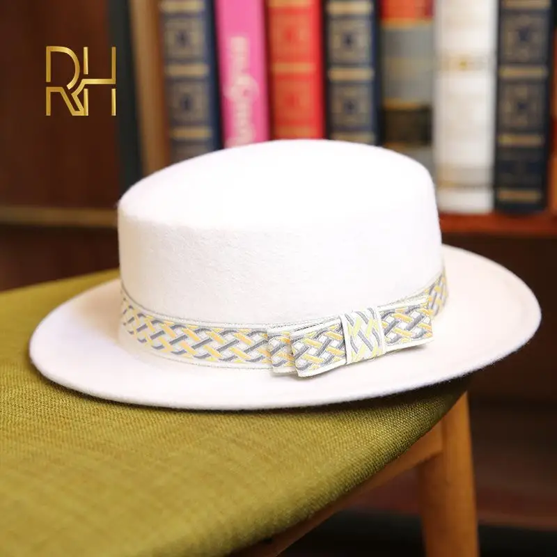 Женская шерстяная шляпа федора плоская с лентой и широкими полями для церкви