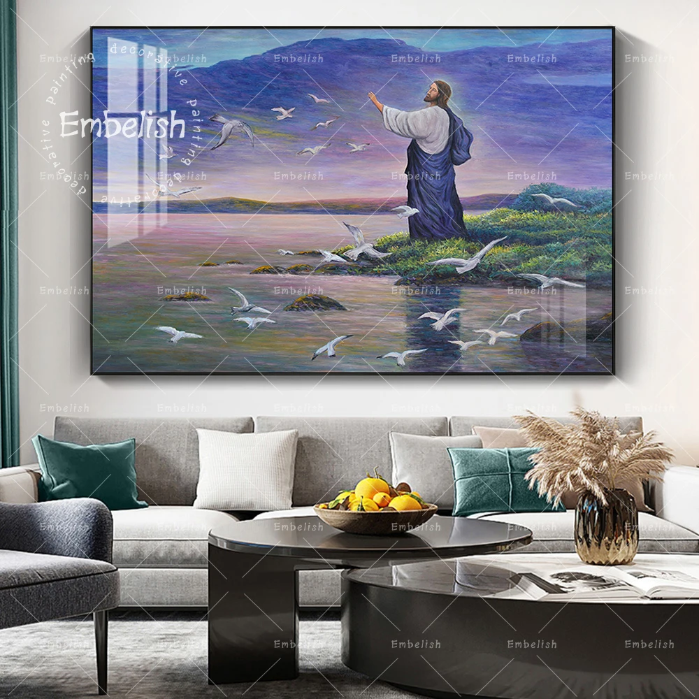 

Hot Jesus Feeds Birds HD Canvas Oil Paintings For Living Room Modern Home Decor Pictures Wall Art Framed Poster Bedroom