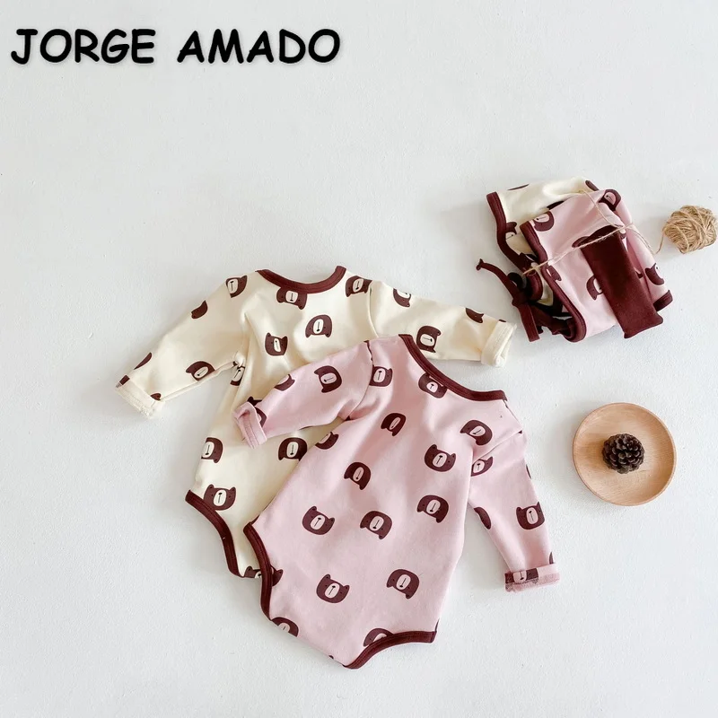 

Пижама с длинным рукавом для мальчиков и девочек, комплект из 3 предметов, боди с принтом медведя, леггинсы и шляпа, повседневная одежда для м...