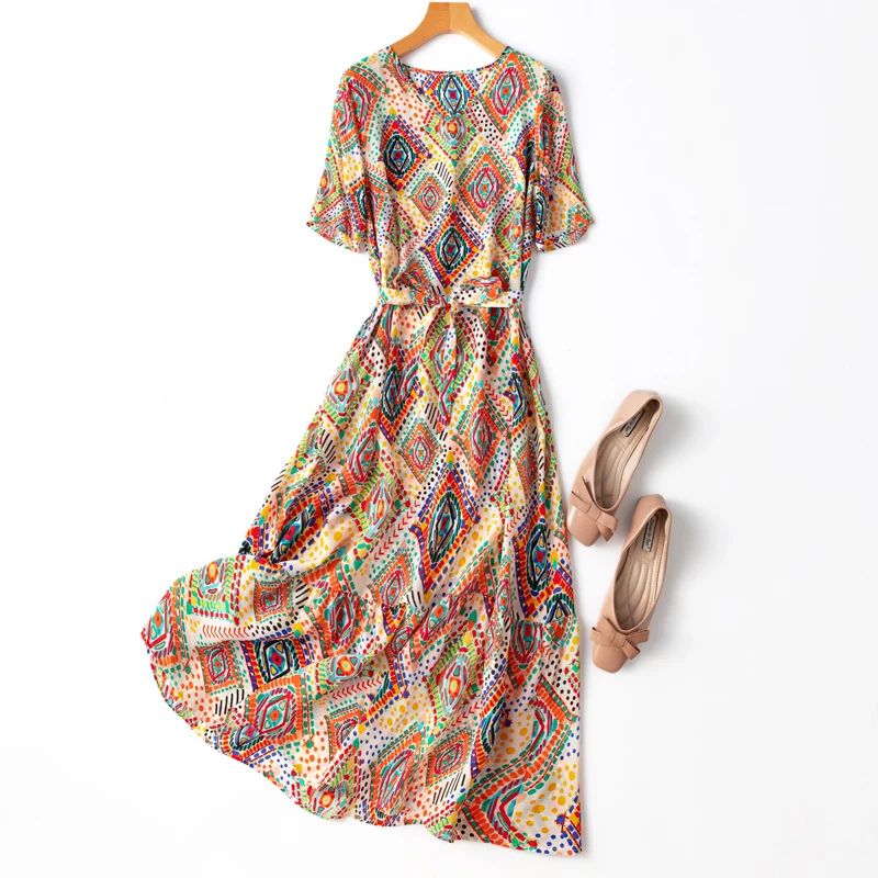 

SHUCHAN Beach Style A-LINE Sashes Dress Women Mid-Calf Regular V-Neck Summer Thin Print Indie Folk Vestido De Mujer