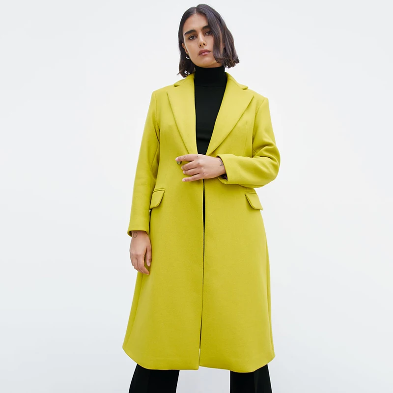 Женское двубортное пальто ZA однотонное повседневное свободное желтое с отложным