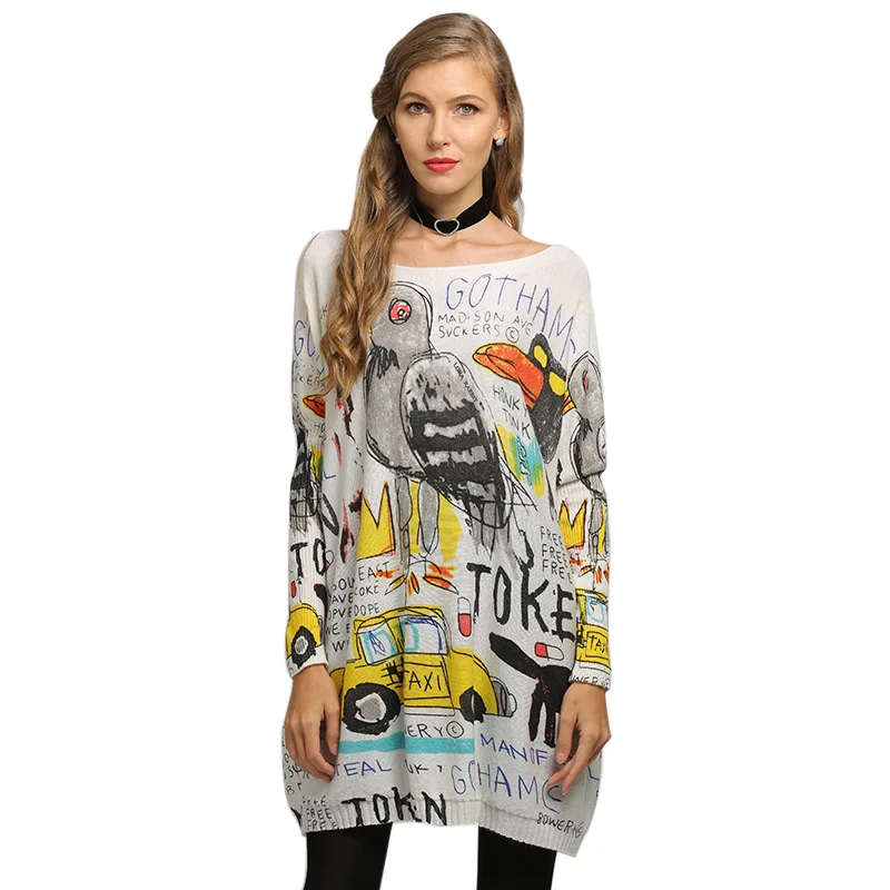 

Trendy graffiti cartoon printed sweater O-neck long-sleeved fashion loose casual plus size women's blouse spring and autumn