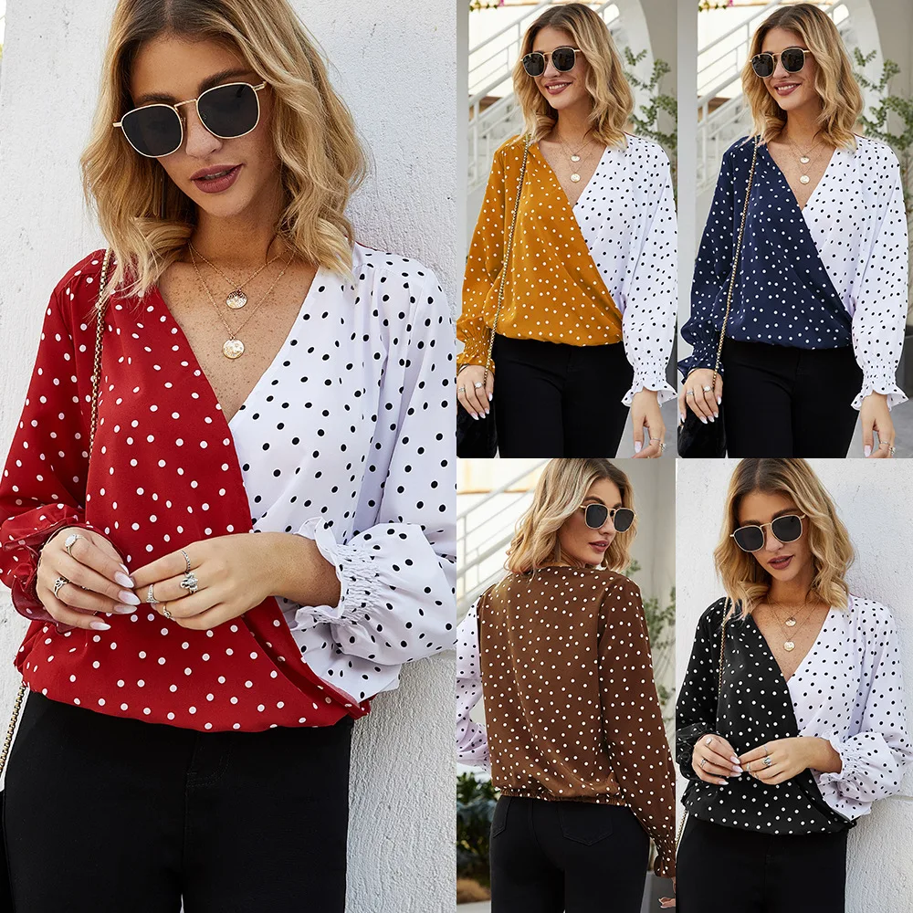 

2022 Women's Spring Summer Fall Splicing Wave Point Temperament V-Neck Long Sleeve Chiffon Tops Casual Shirt Office Lady Blouse