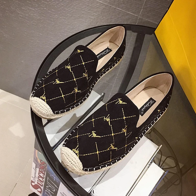 115Black Fashion Hemp Loafers Women Espadrilles Flats Shoes Sewing Rhinestone Round Toe Ladies Casual Moccasins Slip On Brand Style New - Цвет: 115Black