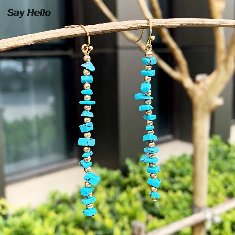 SAY HELLO Boho Turquoises Square Polygon Irregular Geometric Dangle Earrings Fringed Jewelry Made Of Metal Beads A0543 | Украшения и