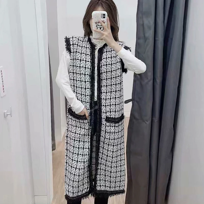 2020 весна осень твидовый длинный женский жилет в клетку пальто шикарный без