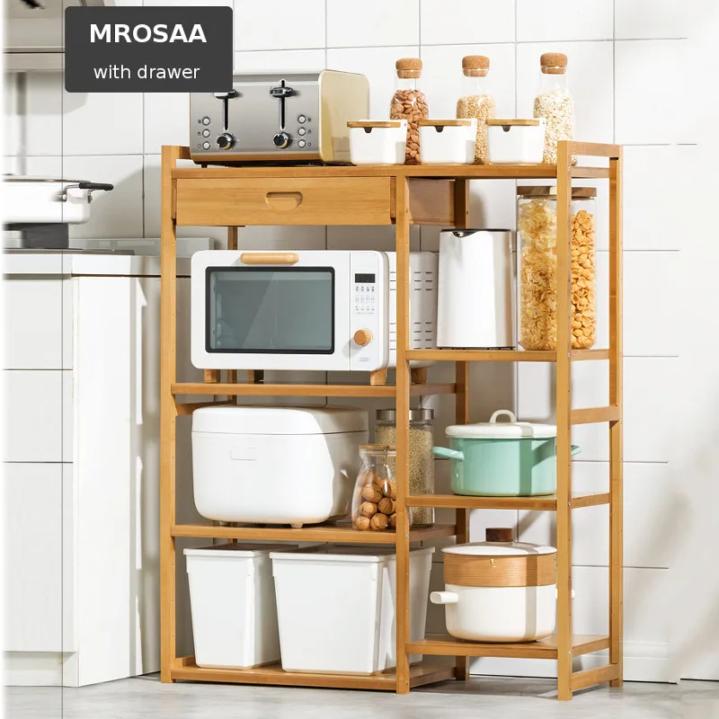 

4-Tier Microwave Shelf Rack Kitchen Shelve Bamboo Floor-Standing Cabinet Spice Organizer Kitchen Storage Rack With Drawer