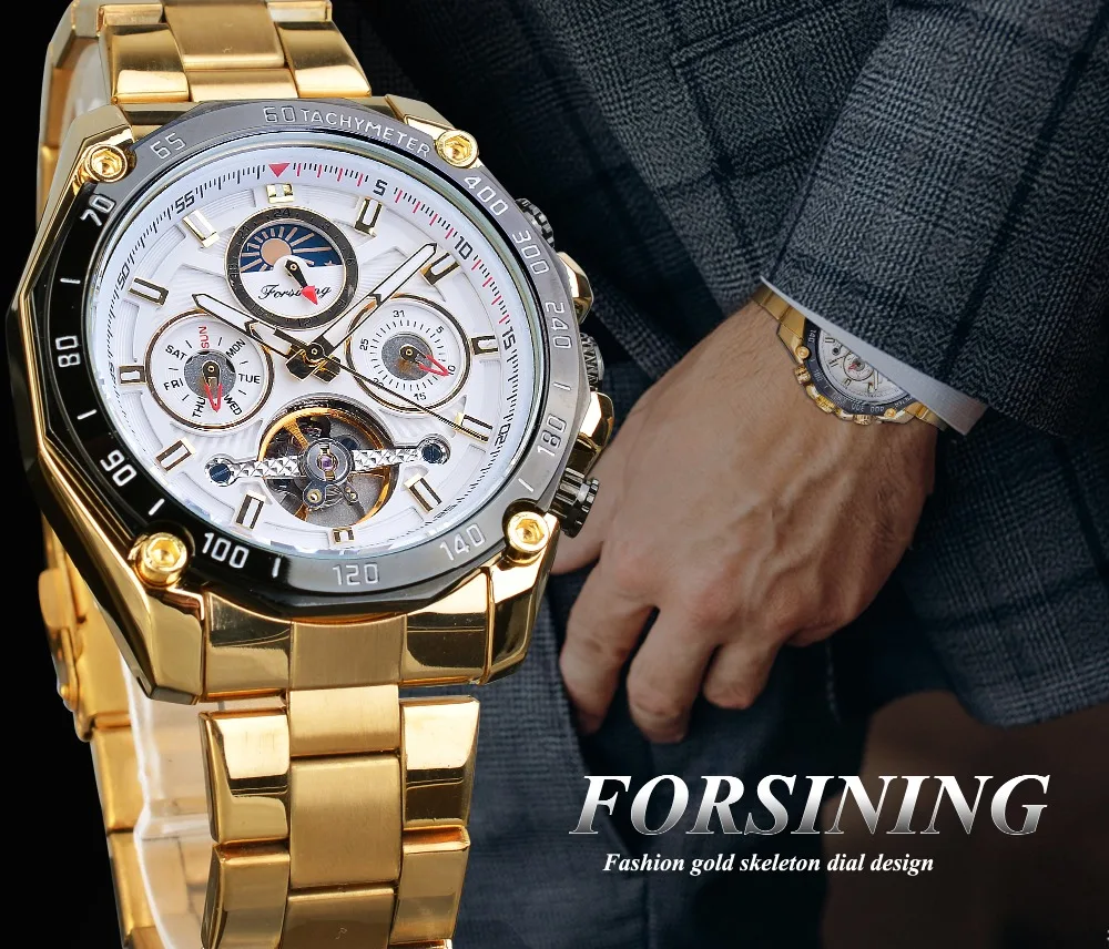 Forsining Классические Золотые Tourbillon механические часы Мужские автоматические Moonphase календари ремни из нержавеющей стали часы Reloj Hombre