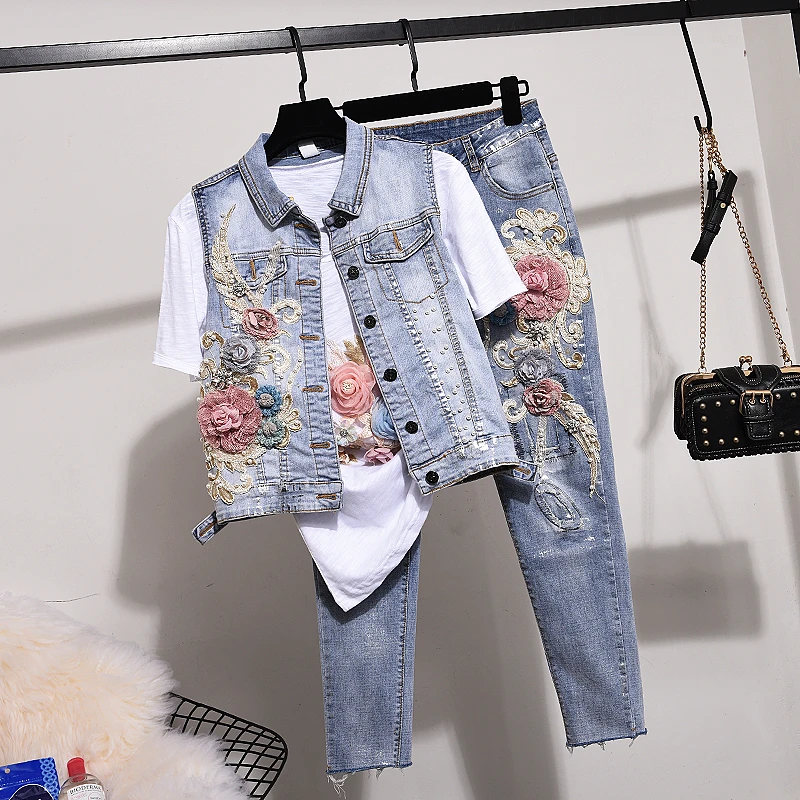 

Женский джинсовый костюм, жилет и джинсы, расшитый бисером, комплект из двух предметов, весна-осень 2021