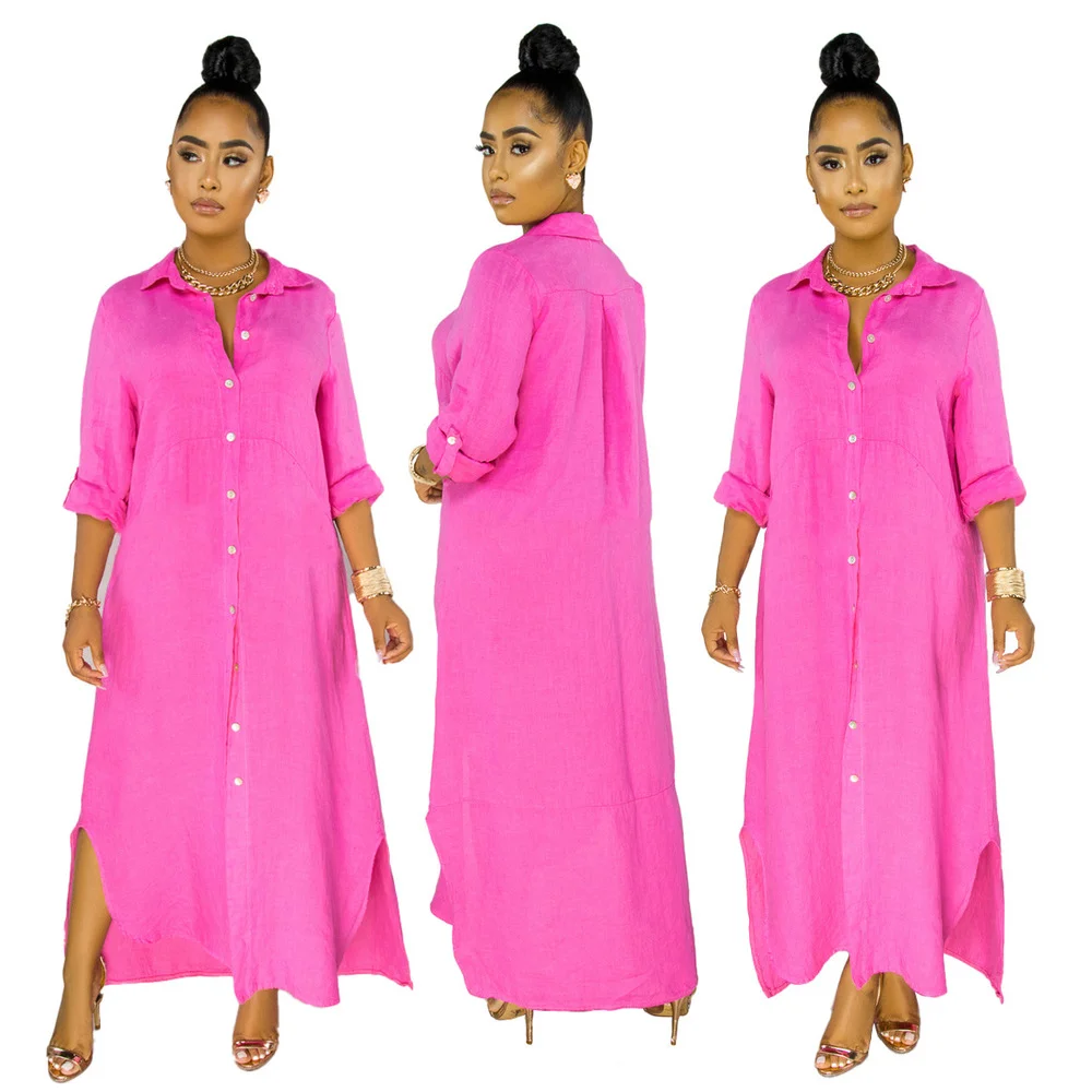 

Summer Sexy Shirt Style Button Long Sleeve Lapel Black Rose Red Plus Size Long Street Dress Loose Basic Women Robe Femme