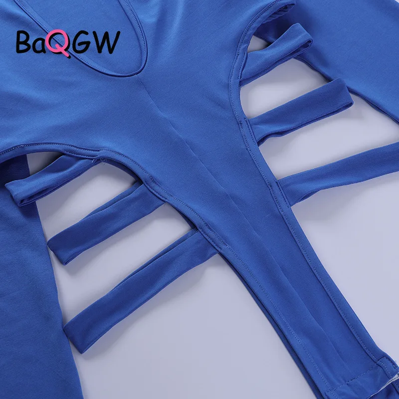 

BaQGW Sexy Casual Patchwork Women Jumpsuit Solid Blue Hollow Out Skinny Deep V Neck Long Sleeve Spring New Stylish Bodysuit Tops