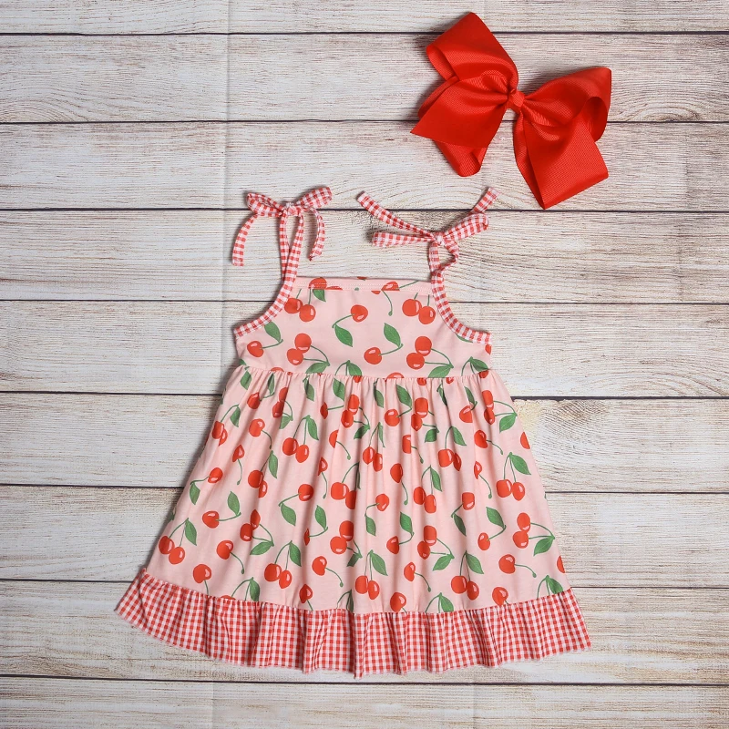 

Summer Girls Clothes Red Plaid Sling Sleeveless Red Cherry Green Leaf Print Pattern Girl Dresses