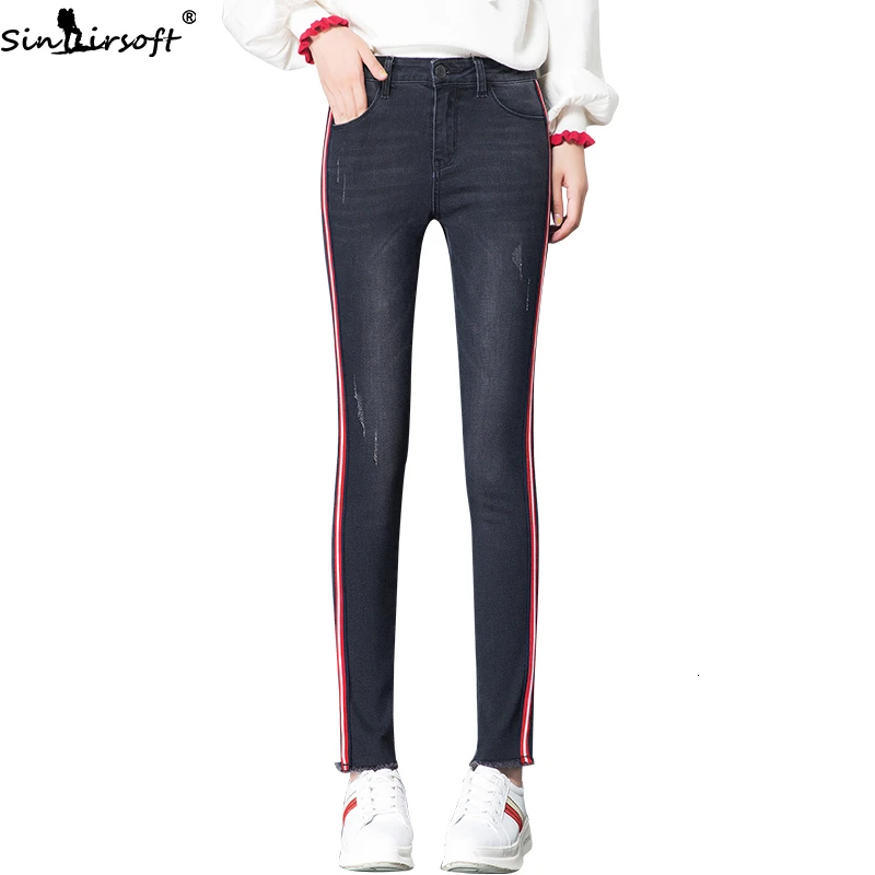 Осенние новые хлопковые мягкие высокие эластичные красные джинсы с лентой