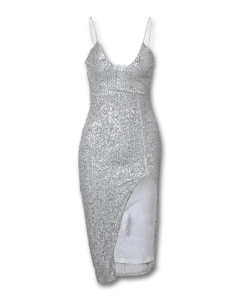 

Sexy Spaghetti Strap Sequin Slit Bodycon Dress Club V Neck Long Dress Women Party Dress Split Elegant Dresses