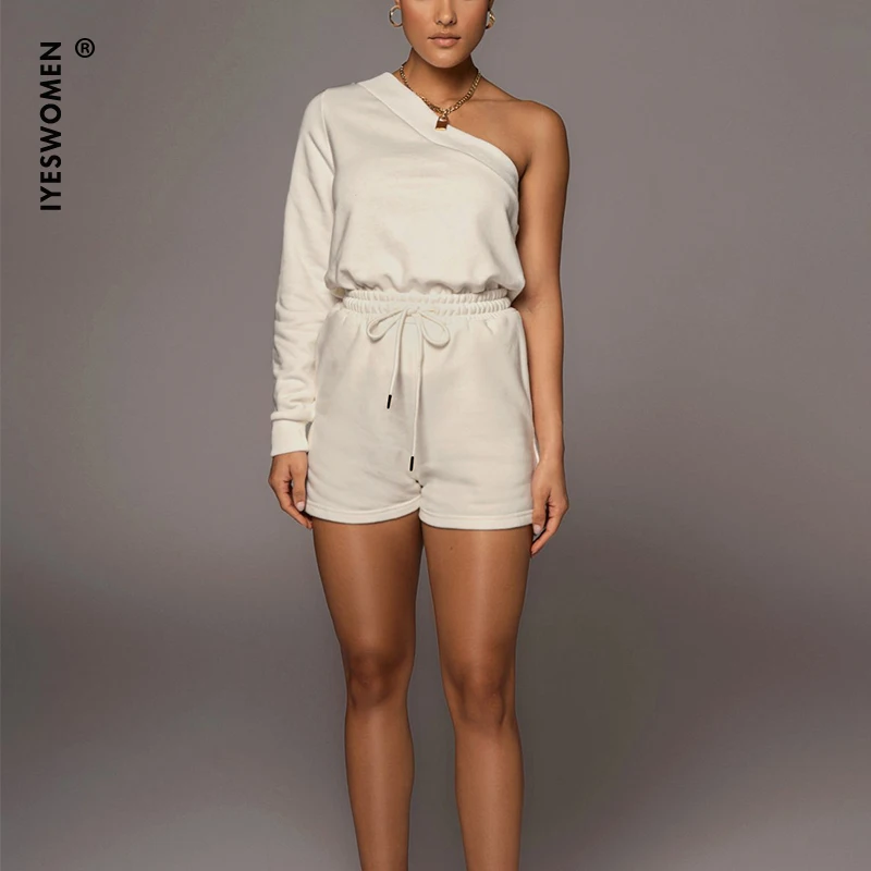 

IYESWOMEN Basic Fashion 2 Piece Set One Shoulder Sweatshirt And Shorts Sets Women Solid Loungewear Outfits Autumn 2021 Tracksuit