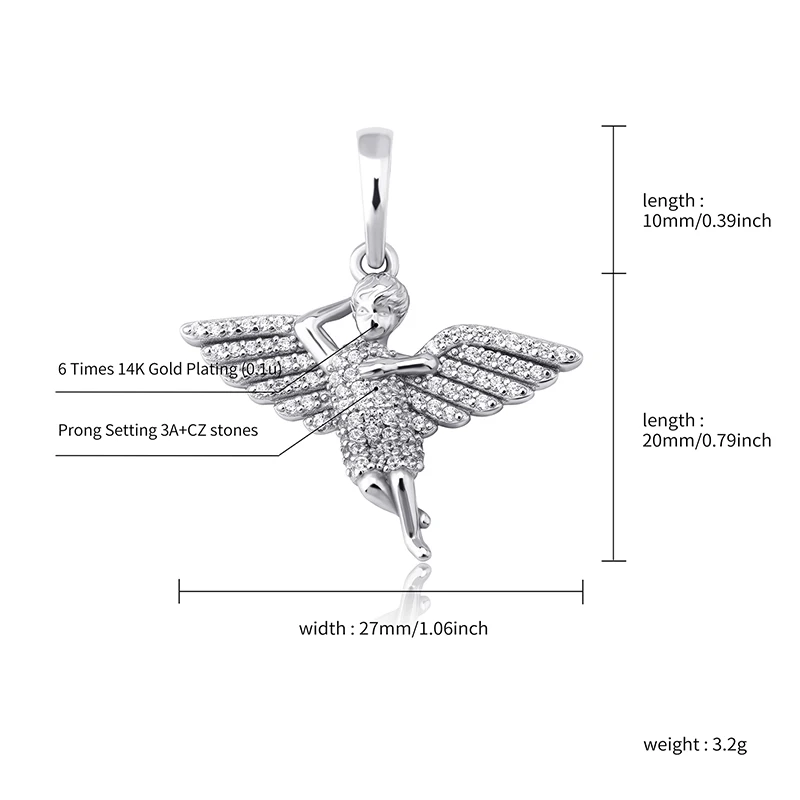 

2021 NEW 925 Sterling Silver Cherub Angel Wings Spread Pendant CZ Micro Pave Pendant In White/Yellow Gold Hip Hop Jewelry Gift