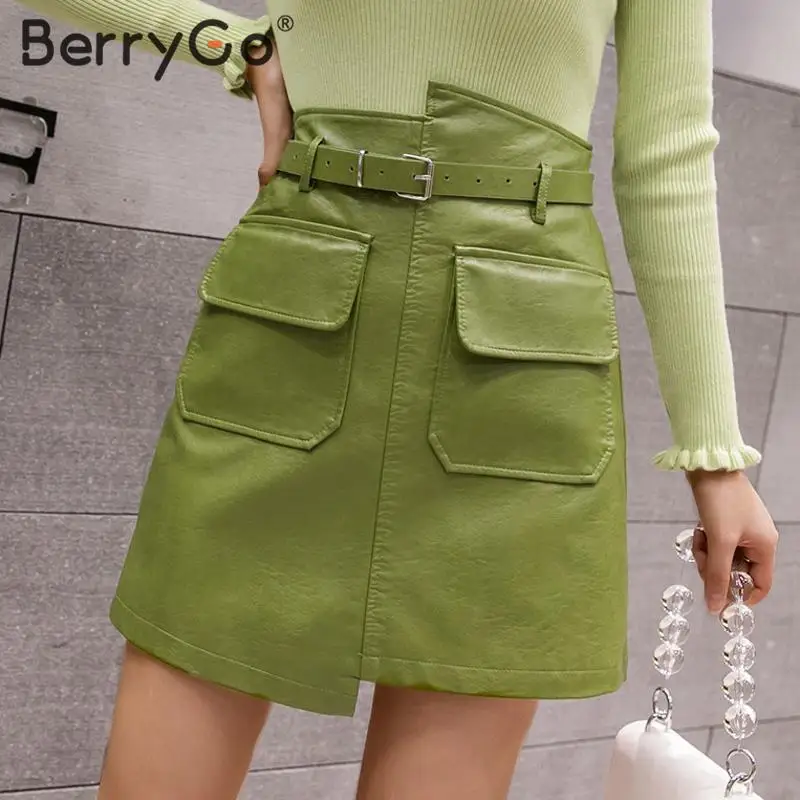 BerryGo элегантная трапециевидная юбка из искусственной кожи Женская высокая талия