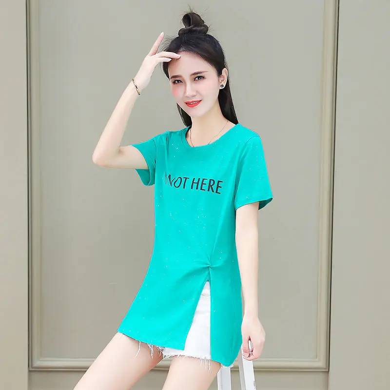 

100% cotton fashion side split Sequin short sleeve T-shirt women's new summer loose oversized print top F019
