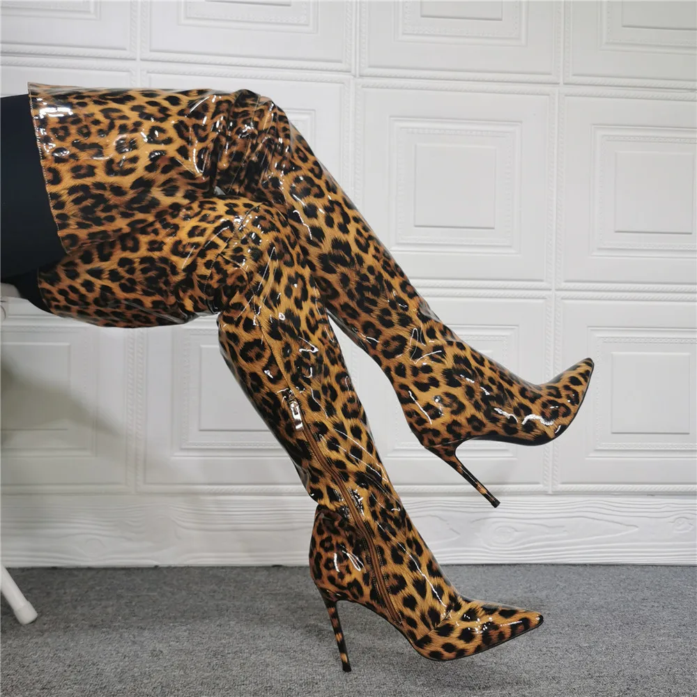 

Женские ботфорты с леопардовым принтом, высокие сапоги до бедра с острым носком, на тонком каблуке, сезон осень-зима, 2021