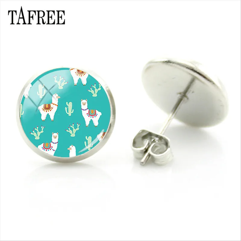 TAFREE, серьги-гвоздики из альпаки с изображением животных ламы, художественное изображение, стеклянный кабошон, очаровательные серьги для девочек и женщин, ювелирные изделия ручной работы, Gtifs YT13