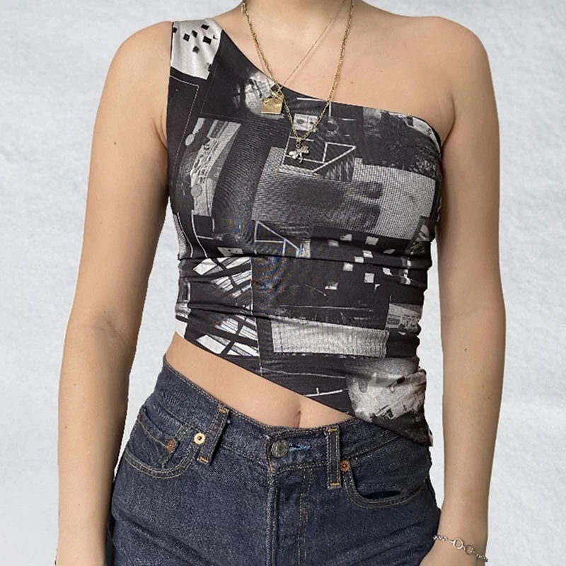 Harajuku 90s Vintage Printed Crop Top One Shoulder Asymmetric Corset Tank Women Summer Y2K Aesthetic Chinese Style Camis Vest