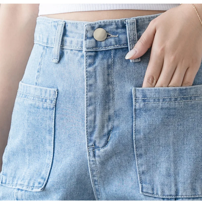 

#2278 Spring Summer Blue High Waisted Jeans Women Loose Boyfriend Wide Leg Jeans Ladies Pockets Casual Flared Jeans Femme Long