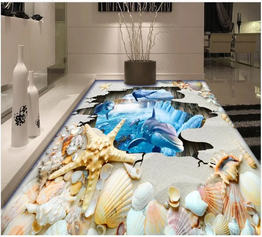 

Custom Picture Self-adhesive Flooring wallpapers Wall Sticker Mediterranean dolphin beach shell bathroom 3D floor mural Painting