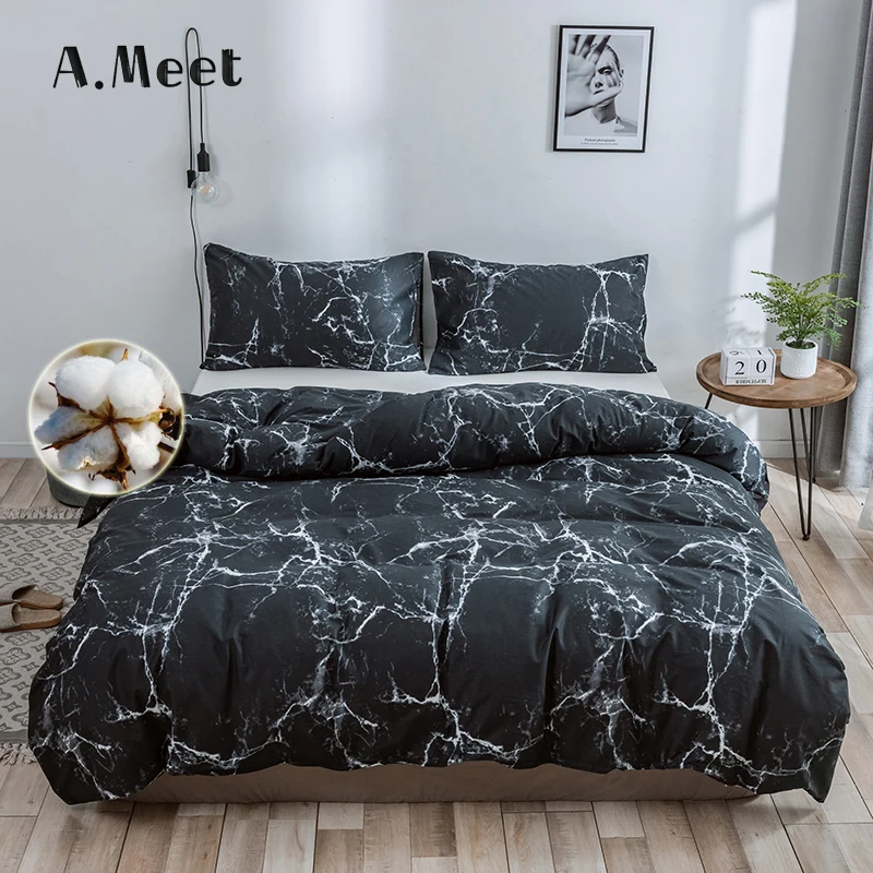 Комплект постельного белья из 100% хлопка с мраморным принтом черного белого цвета