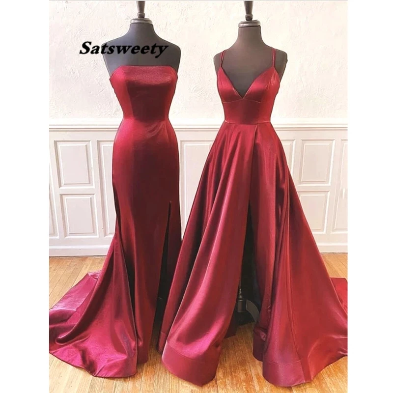 Long Evening Dresses 2022 Burgundy Satin Sleeveless Women Vestidos Formal Party Prom Dress Graduation Gown Custom Plus Size 2 Long Evening Dresses 2022 Burgundy Satin Sleeveless Women Vestidos Formal Party Prom Dress Graduation Gown Custom Plus Size 2