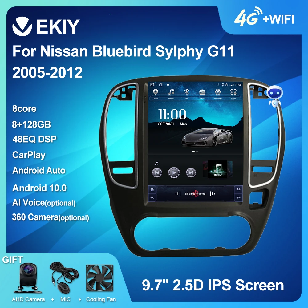 EKIY DSP  Android 10 Car Radio For Nissan Bluebird Sylphy G11 2005-2012 Tesla Vertical Screen GPS Navigation BT GPS 6+128G DVD