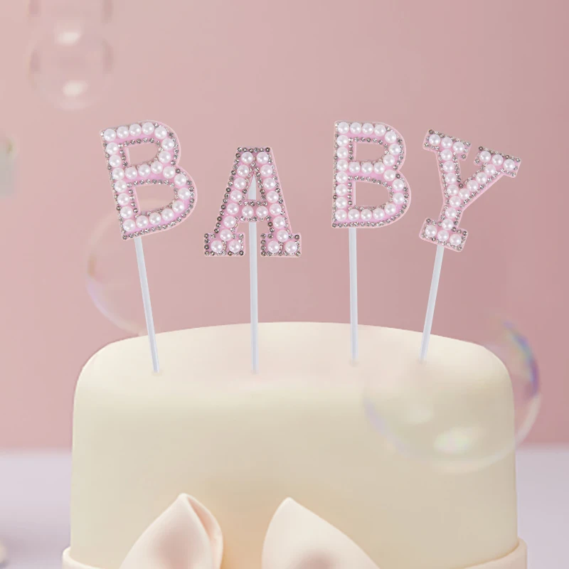 

1set Alloy Rhinestone Cake Topper Love Baby Letter Pearl-studded Dessert Decoration Wedding Party Baby Shower Decor Supplies