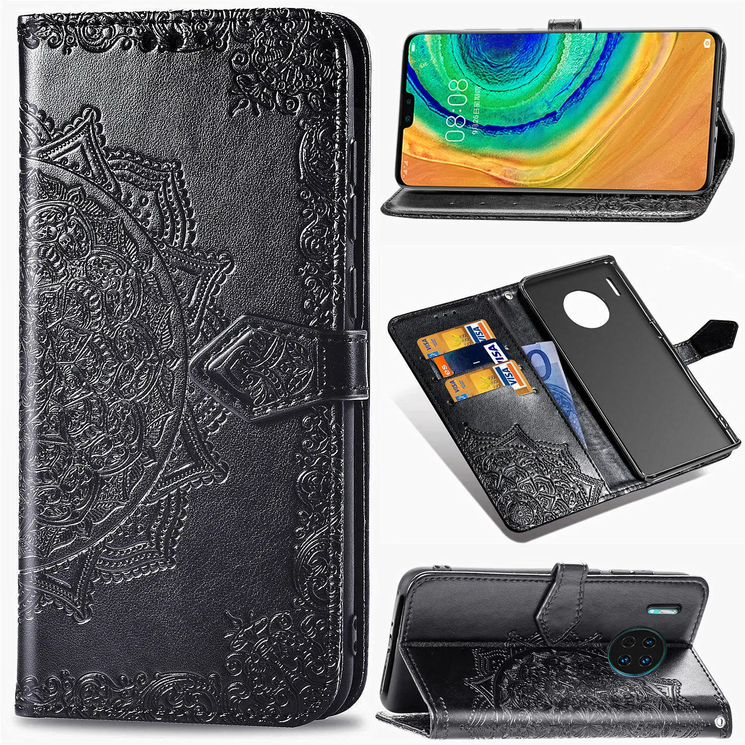 Кожаный чехол книжка с тиснением для Huawei P30 Pro чехлы бумажники P10 20 P8 Lite Mate20 Nova3 Nova4