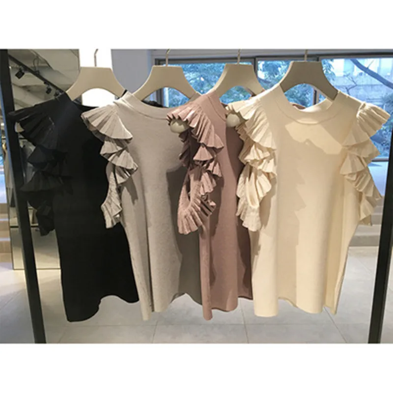 

New summer 2021 new sweetly lotus edge pleated open shoulder T-shirt woman