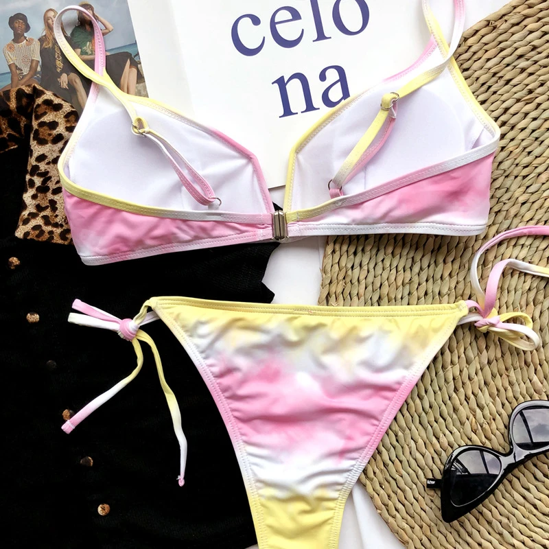 

Pink Women Sexy Low Waist Swimwear 2021 Halter Bikini Set Bandage Thong Swimsuit Summer Bikinis Swimming Bathing Suits Beachwear