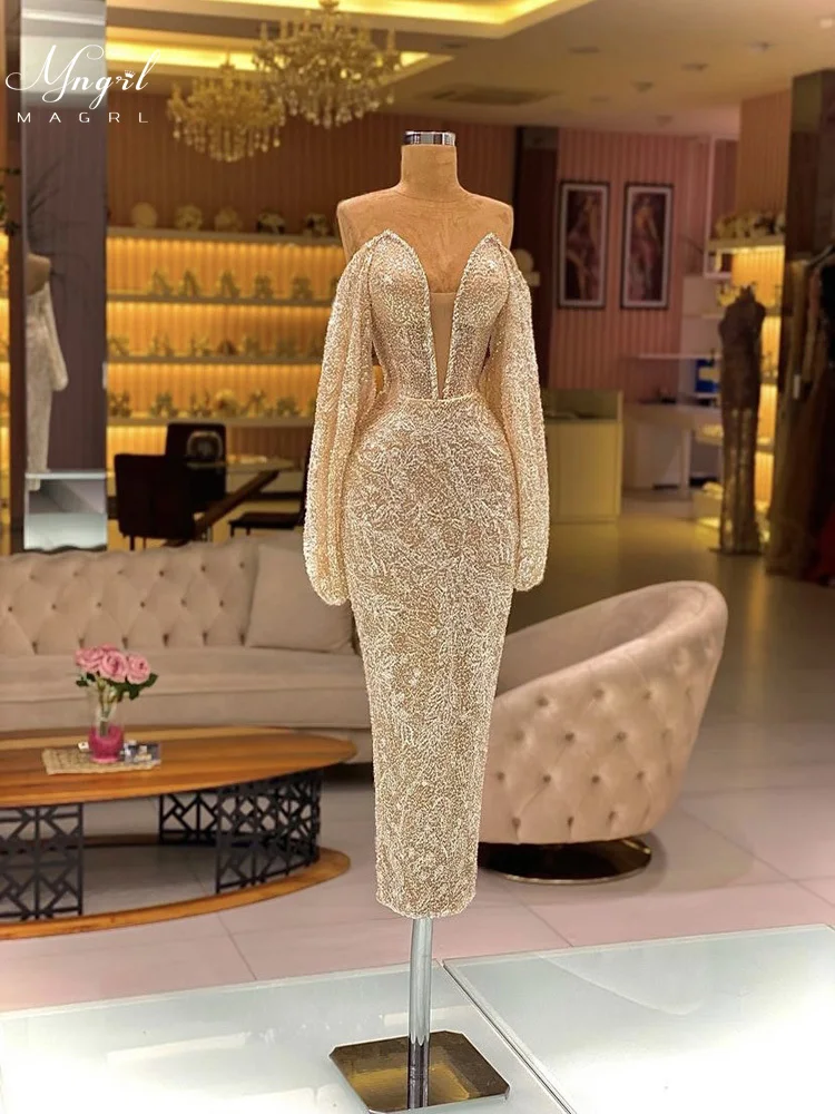 

MNGRL Luxury Evening Dress One-shoulder Long Sleeves Hand-applied Diamonds Glittering 2021 New Evening Dress Party Dress