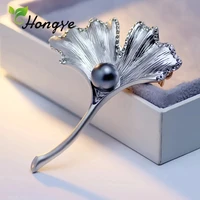 matted gold ginkgo leaf trendy brooches plant for women natural freshwater pearl fashion jewelry gift luxury zircon coat pins