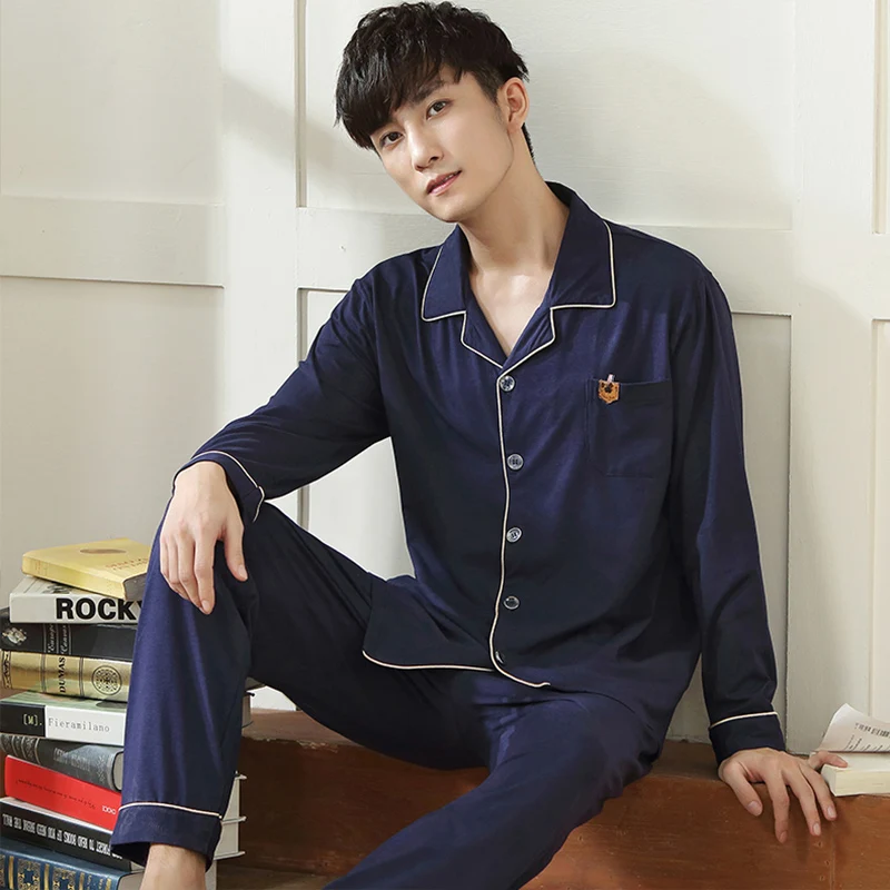 Весенний модальный пижамный комплект для мужчин с длинным рукавом тонкая