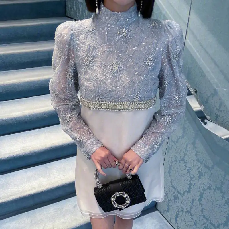 

Модное платье для ранней осени, новый дизайн, женские Лоскутные роскошные маленькие парфюмерные женские платья с бисером и стразами