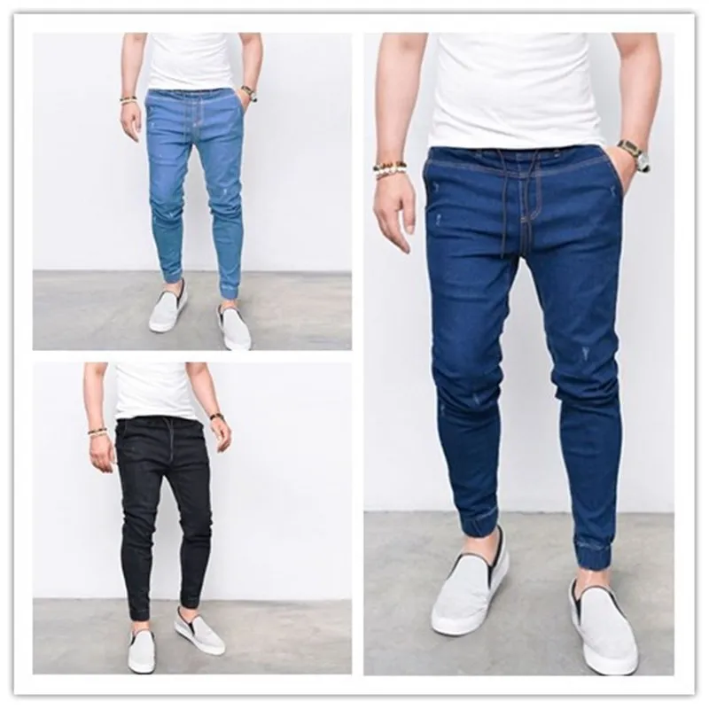 

Jeans Men's Spring And Autumn Cotton Stretch Slim-Fit Feet Pants Fashion Sports Solid Color Jeans Elastic Waist Men's Trousers