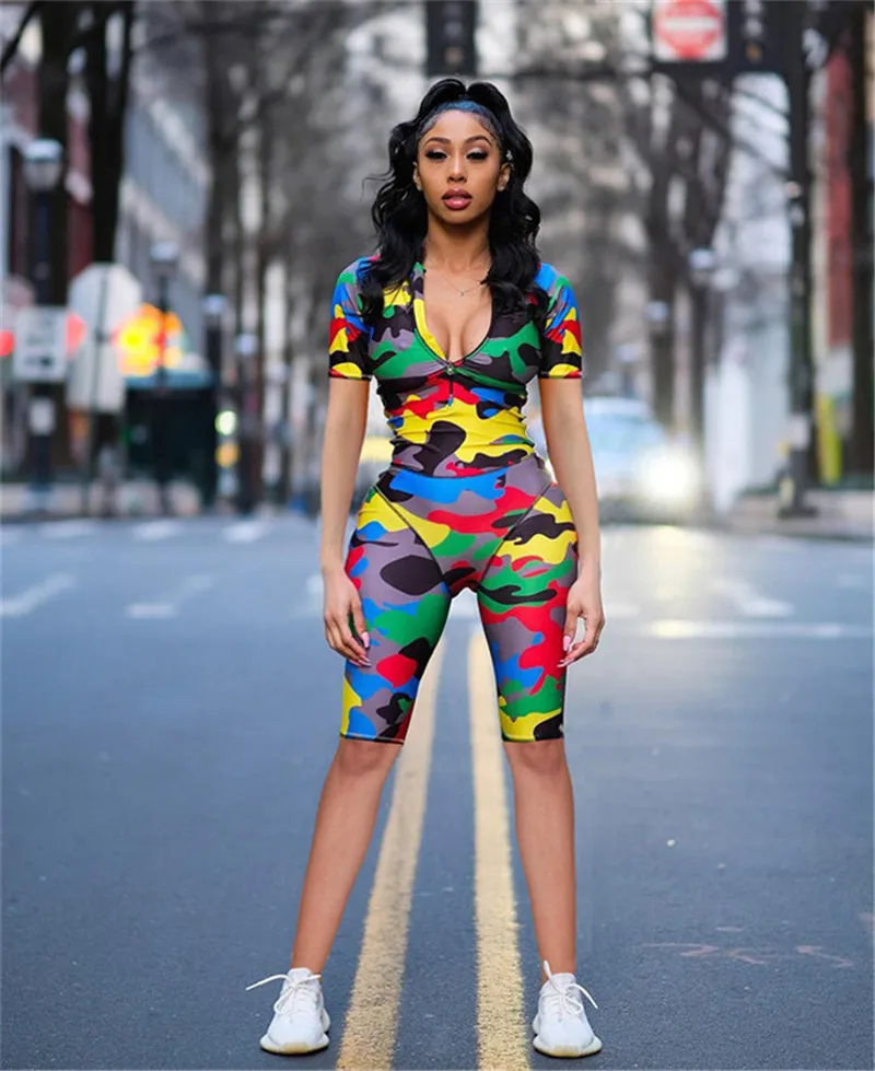 Женский Короткий комбинезон на молнии с камуфляжным принтом | Женская одежда