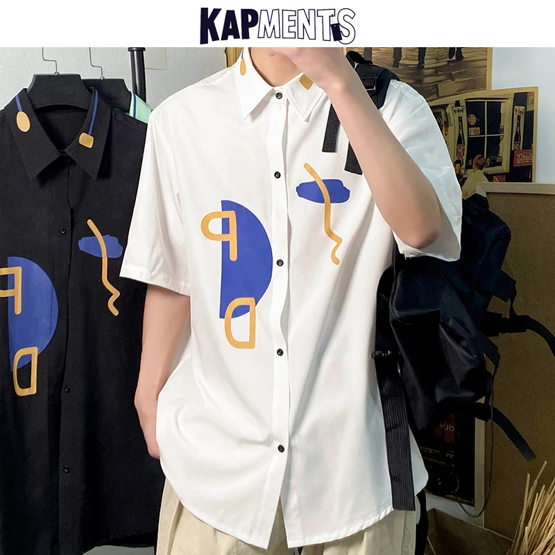 

KAPMENTS Men Harajuku Graphic Hawaiian Shirt 2021 Summer Mens Plus Size Black Shirt Male Streetwear Vintage Designer Kpop Shirts