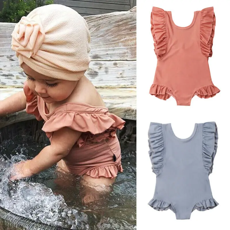 Модный летний купальный костюм бикини с рюшами для маленьких девочек однотонный